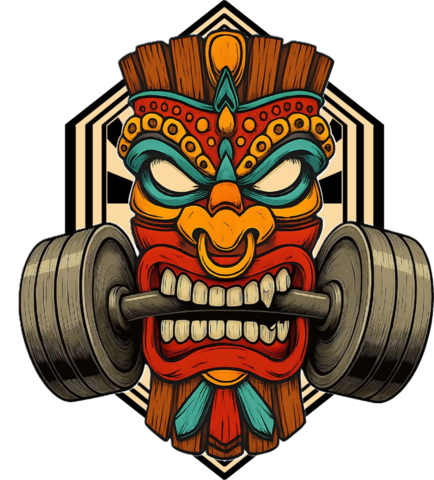 Tiki Gym Wurzen – Logo: Tiki-Maske mit Hantel